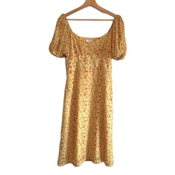 J.O.A. Just One Answer Puff Sleeve Midi Dress Women’s Size Medium Floral Yellow - Picture 2 of 11